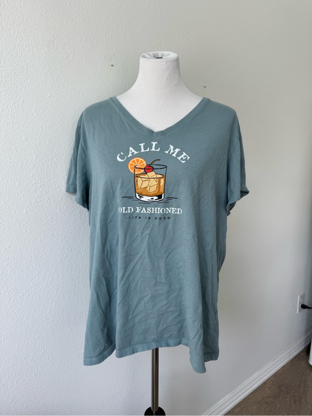 Call Me Old Fashioned Life Is Good Graphic Blue V-Neck Tee